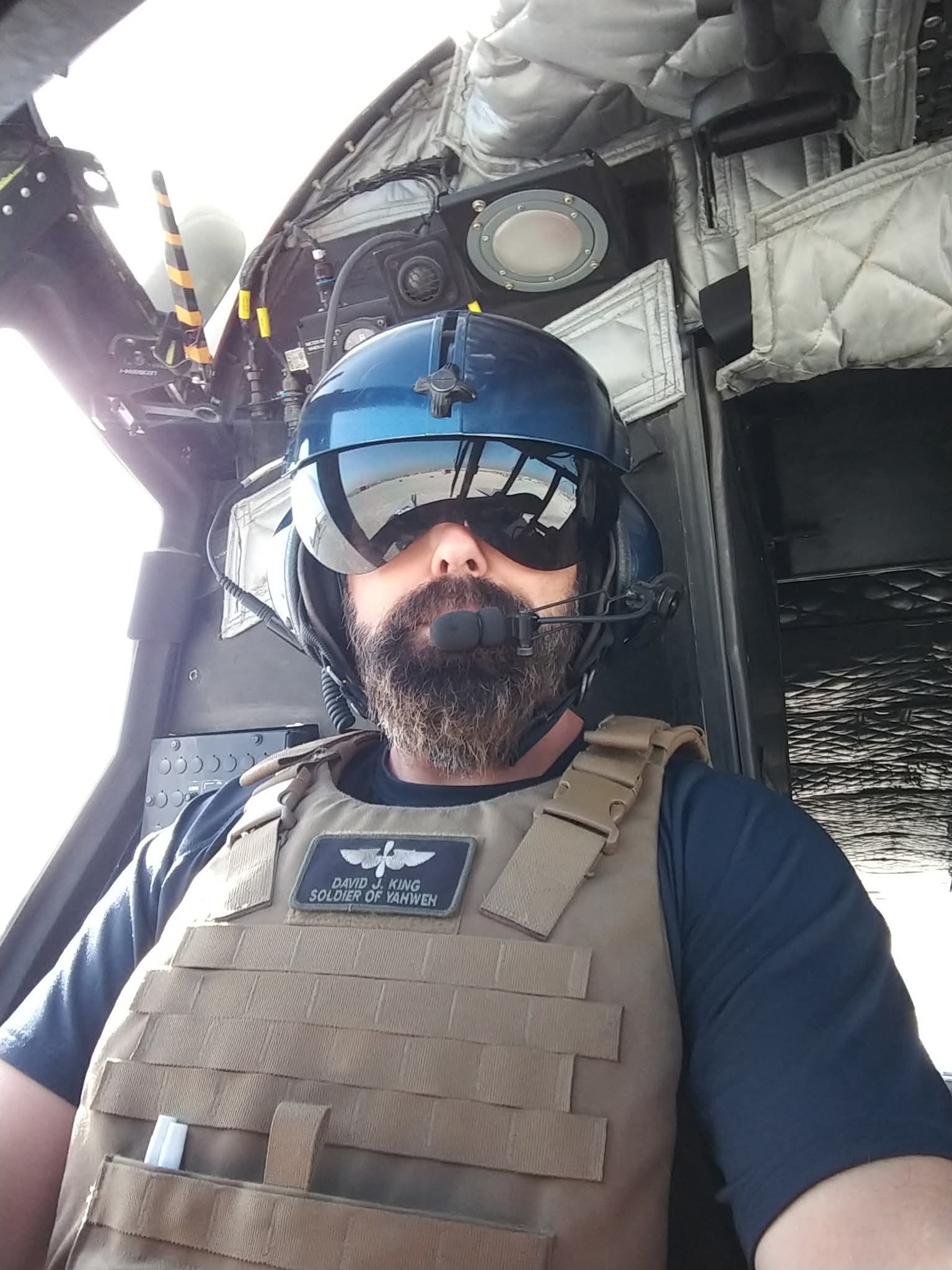 David John King in Afghanistan helicopter cockpit – tactical aviator and Soldier of Yahweh